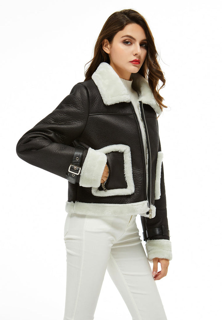 faux fur trucker jacket#color_black