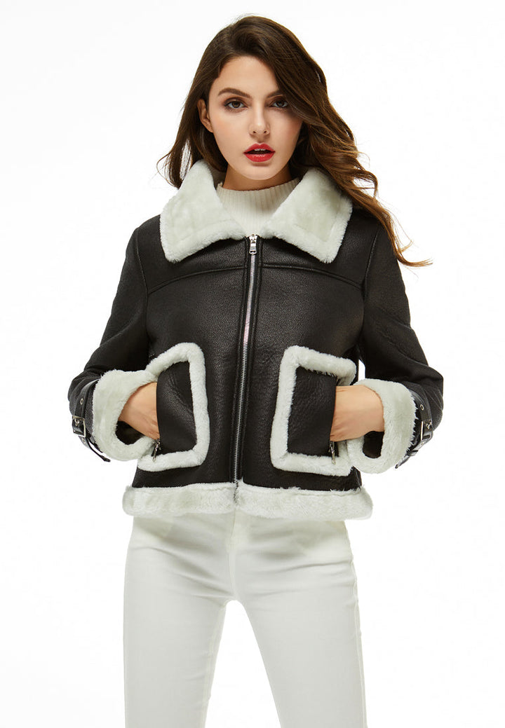 faux fur trucker jacket#color_black