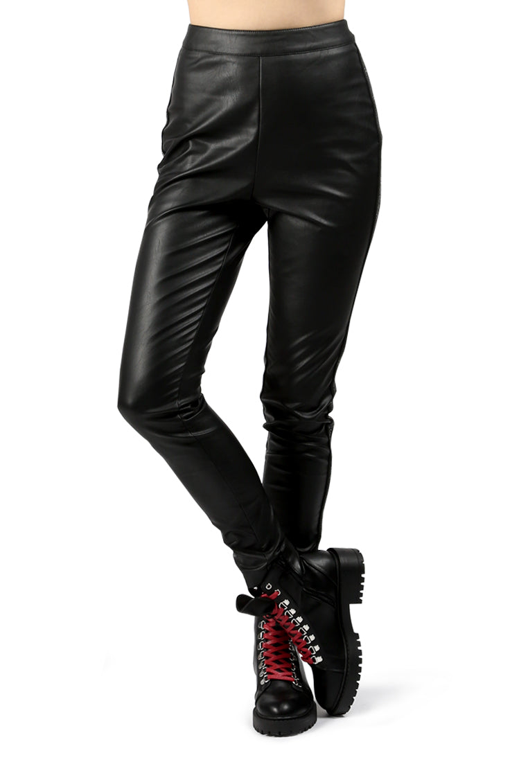 faux leather skinny pant with tapered side-line#color_black