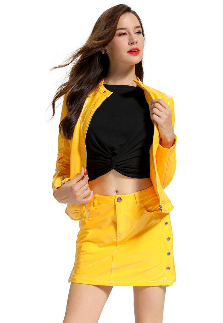 zipper faux leather biker jacket#color_mustard