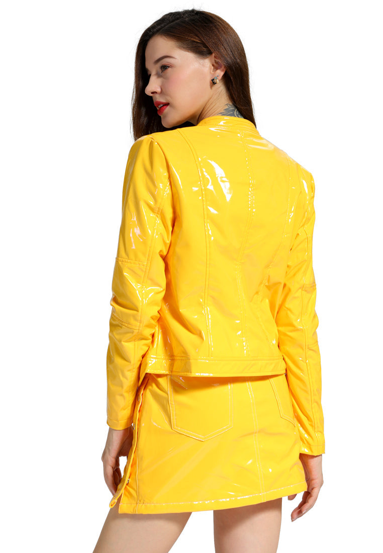 zipper faux leather biker jacket#color_mustard
