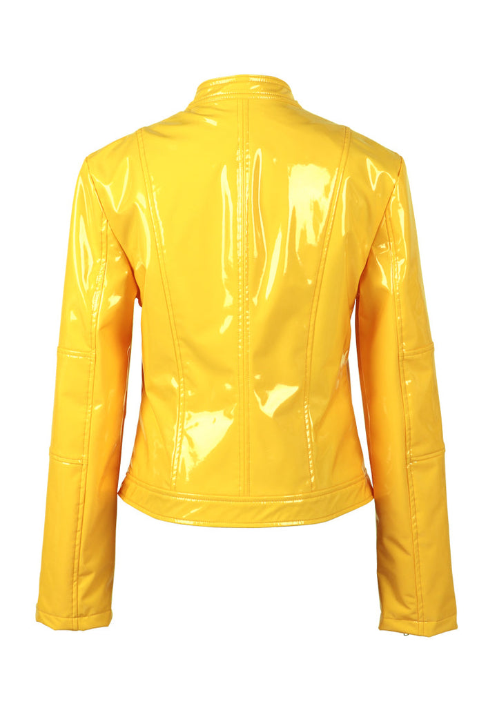 zipper faux leather biker jacket#color_mustard