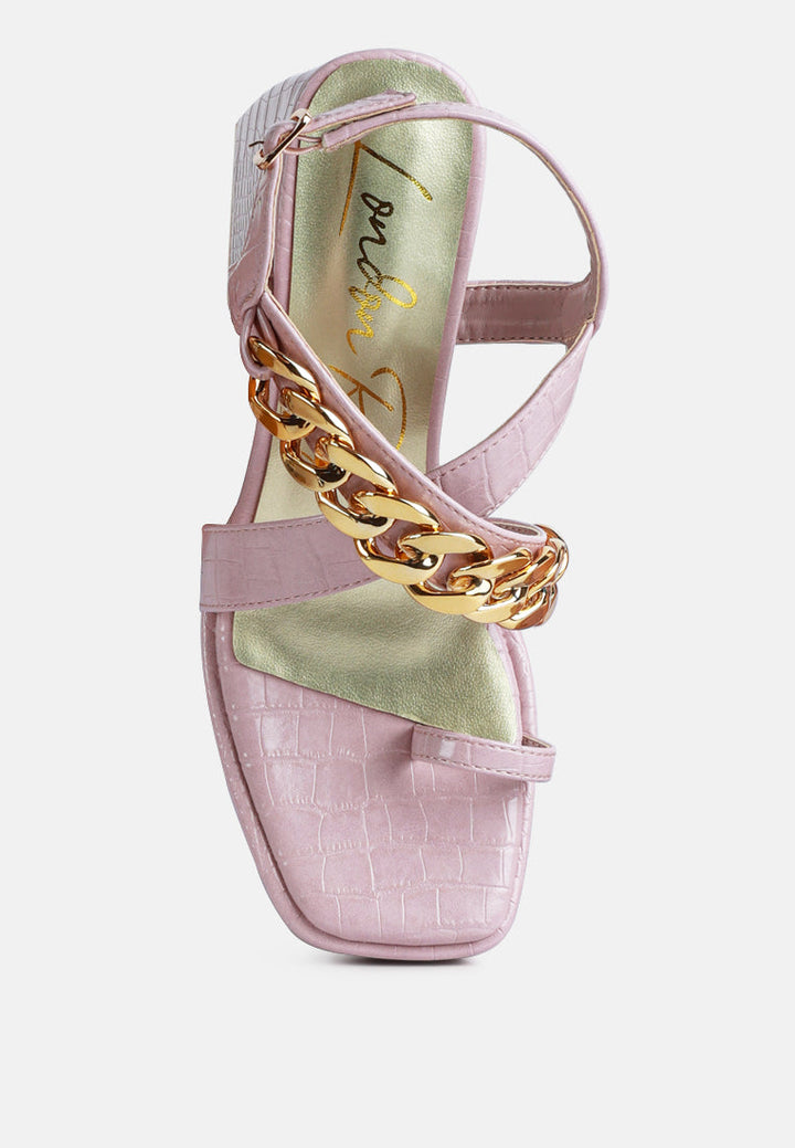 frecklin metal chain block heel sandals by ruw#color_pink