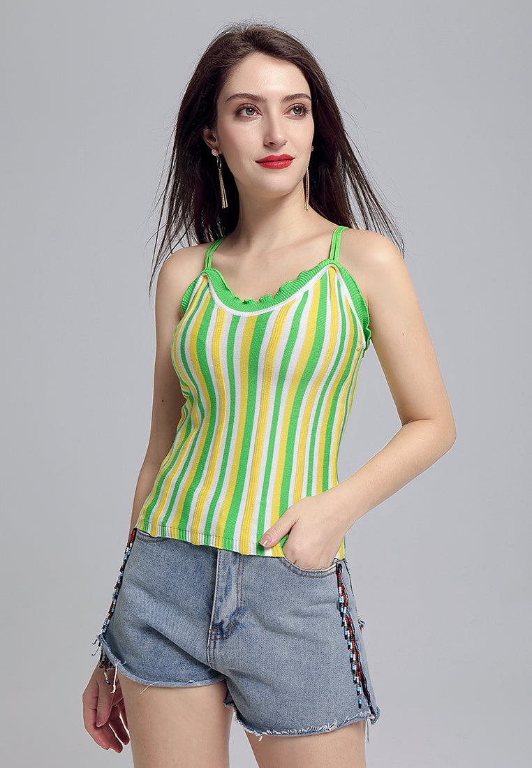striped ruffle spaghetti top#color_green