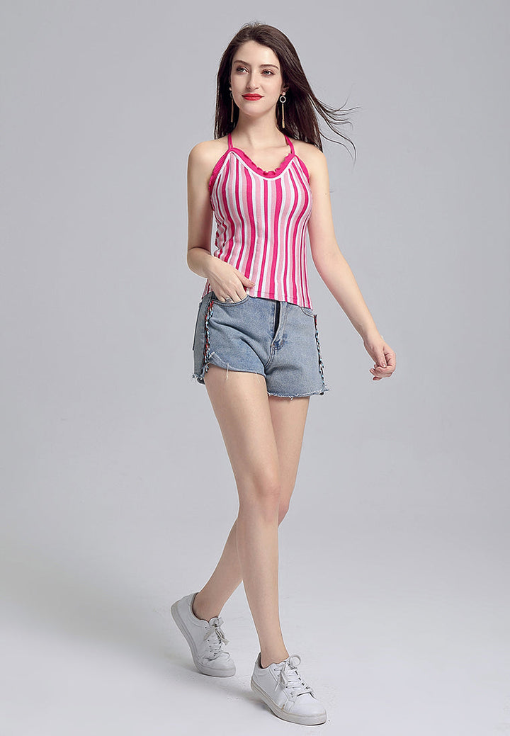 striped ruffle spaghetti top#color_pink