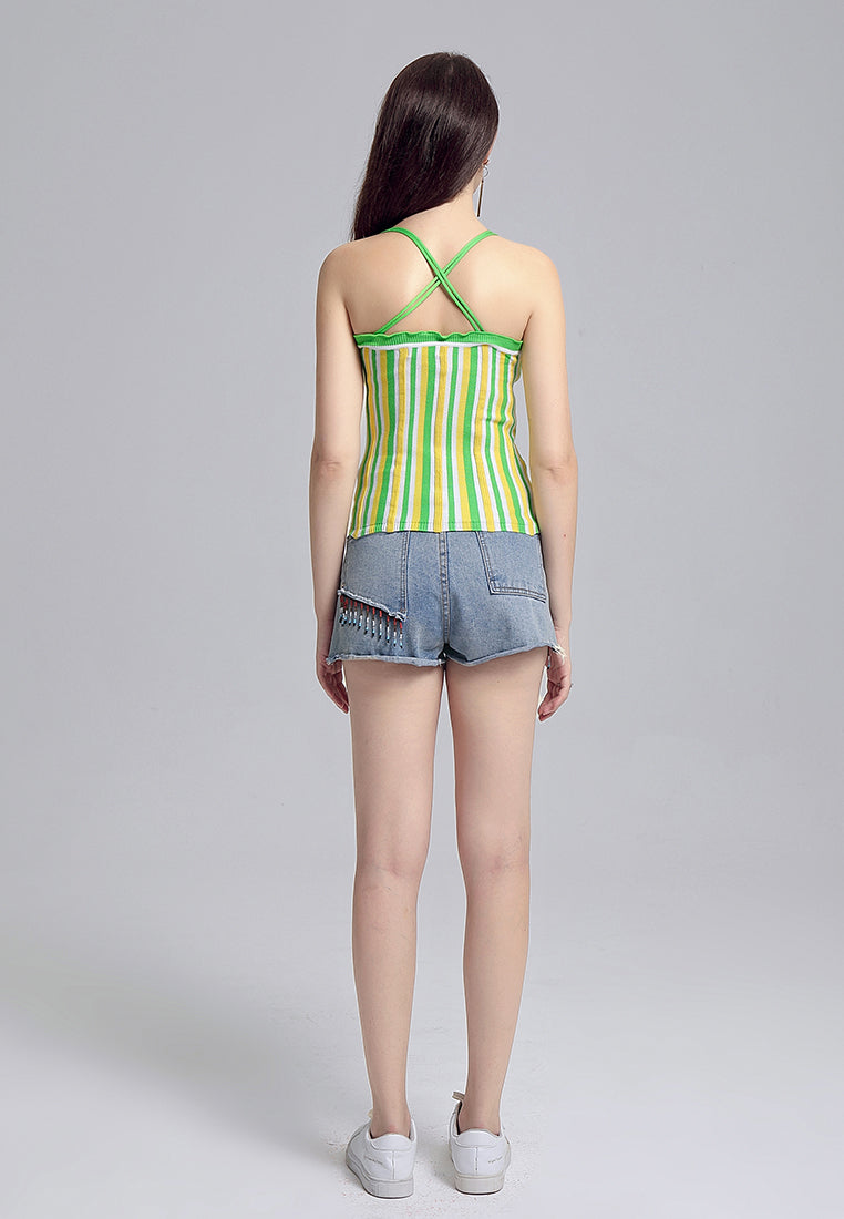 striped ruffle spaghetti top#color_green