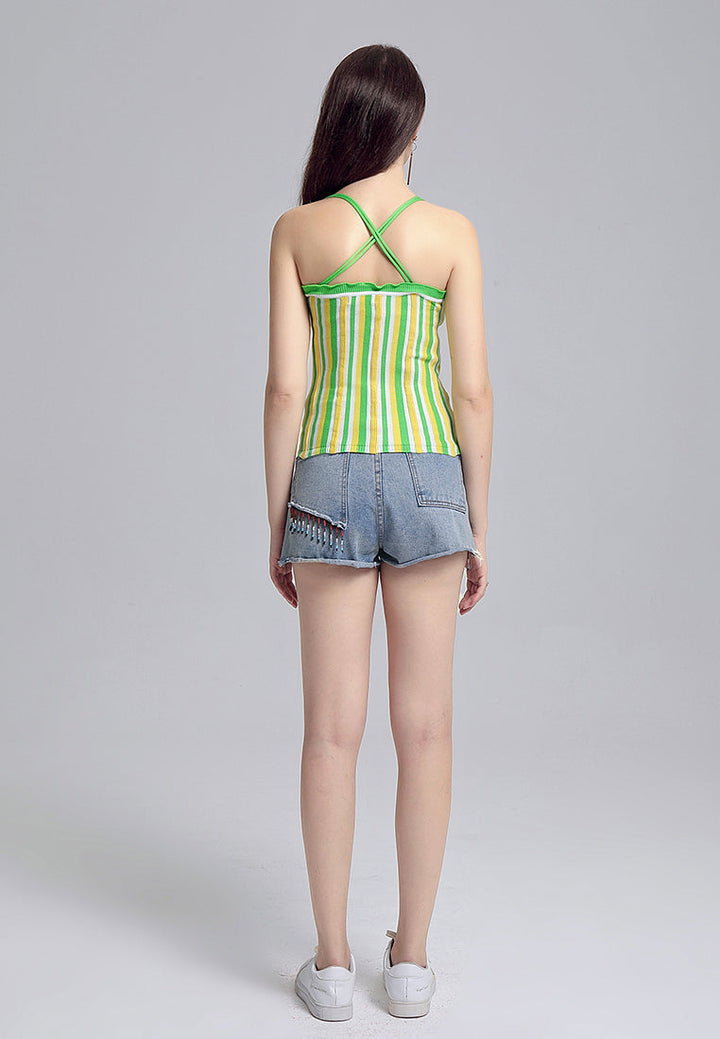 striped ruffle spaghetti top#color_green