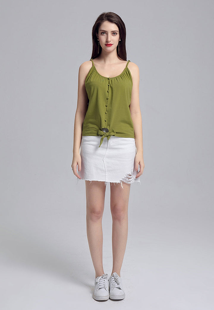 front tie spaghetti top#color_olive-green
