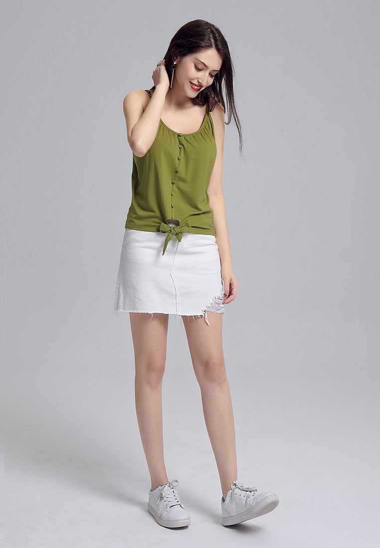 front tie spaghetti top#color_olive-green