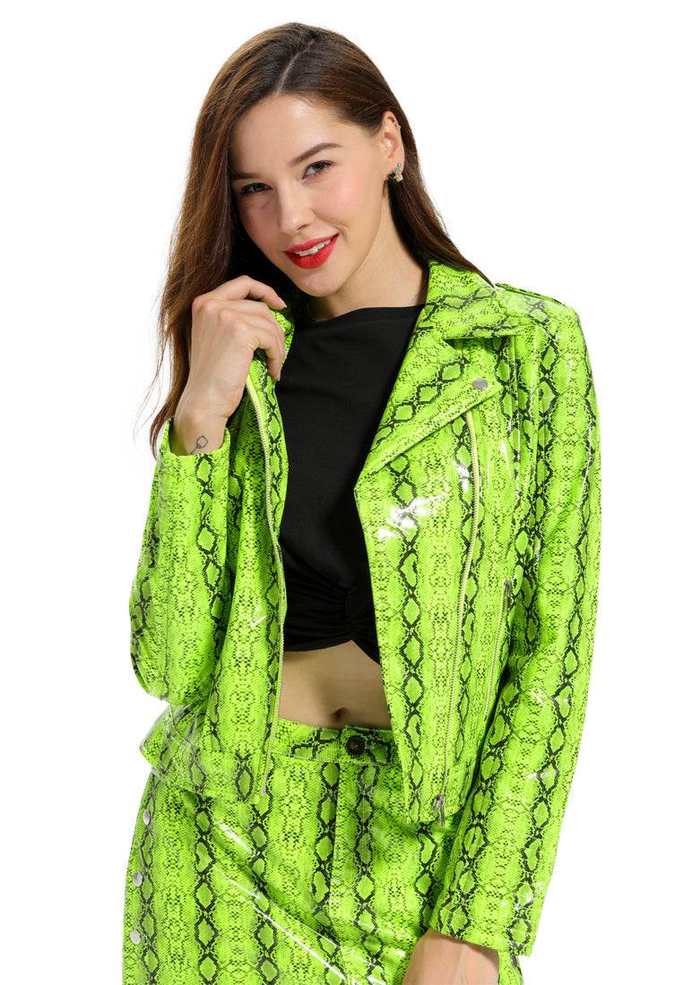 snake print biker jacket#color_green-snake-print