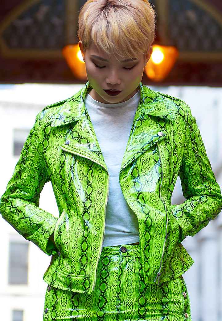 snake print biker jacket#color_green-snake-print