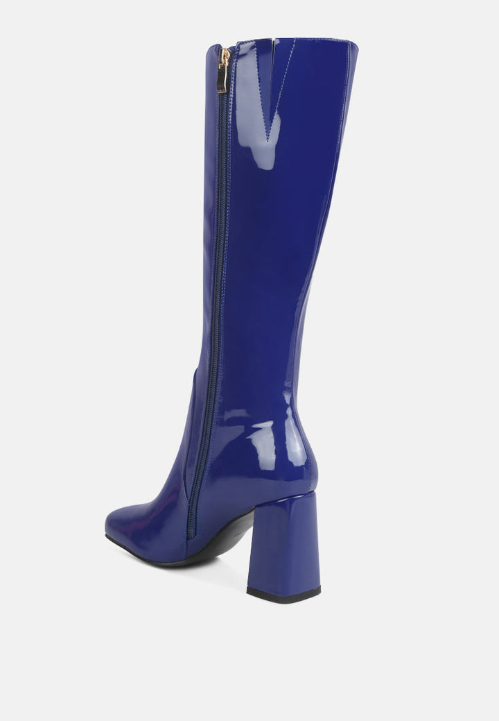 hypnotize patent pu block heeled calf boots by ruw#color_blue