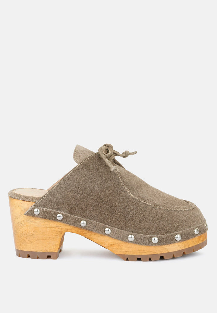 iroko suede tie detail stud clogs by ruw#color_taupe