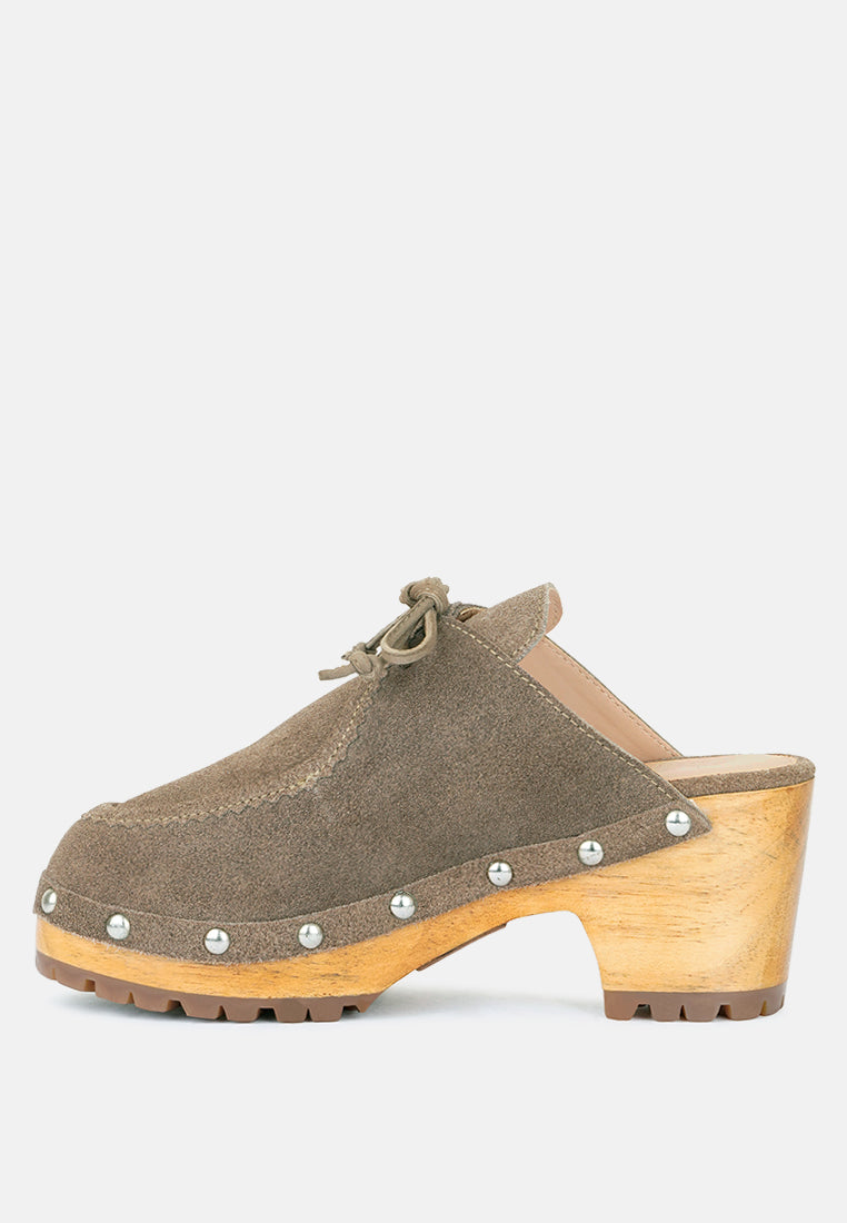 iroko suede tie detail stud clogs by ruw#color_taupe