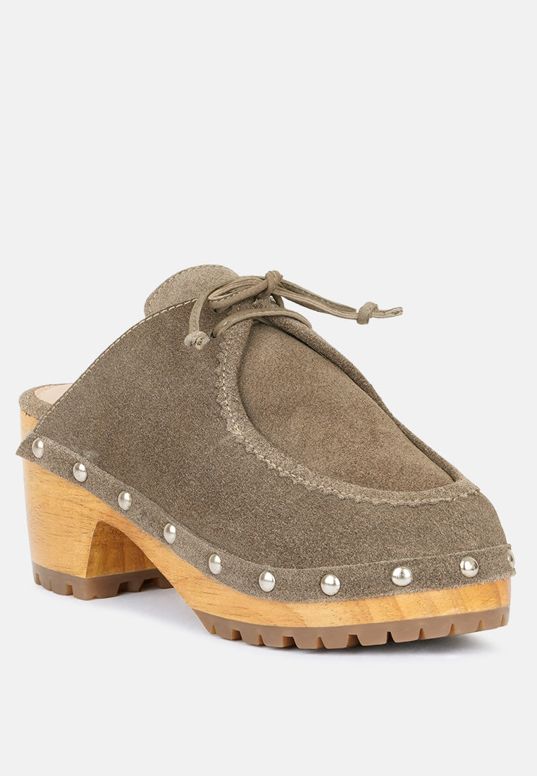 iroko suede tie detail stud clogs by ruw#color_taupe
