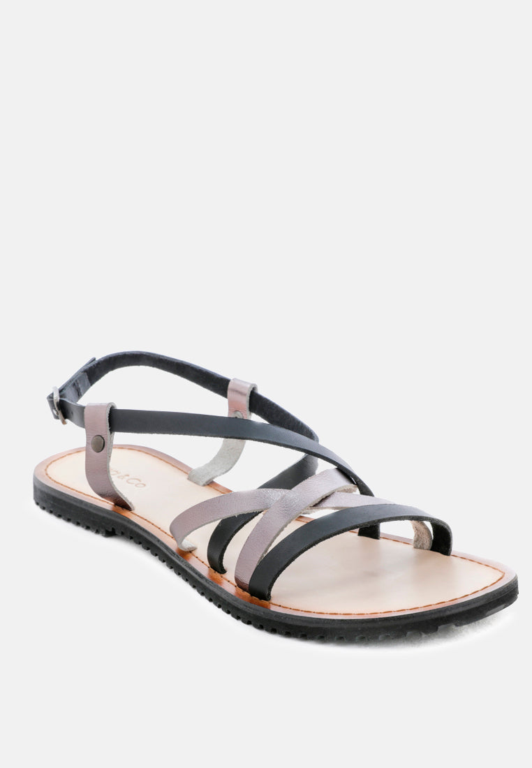 june strappy flat leather sandals by ruw#color_black-pewter