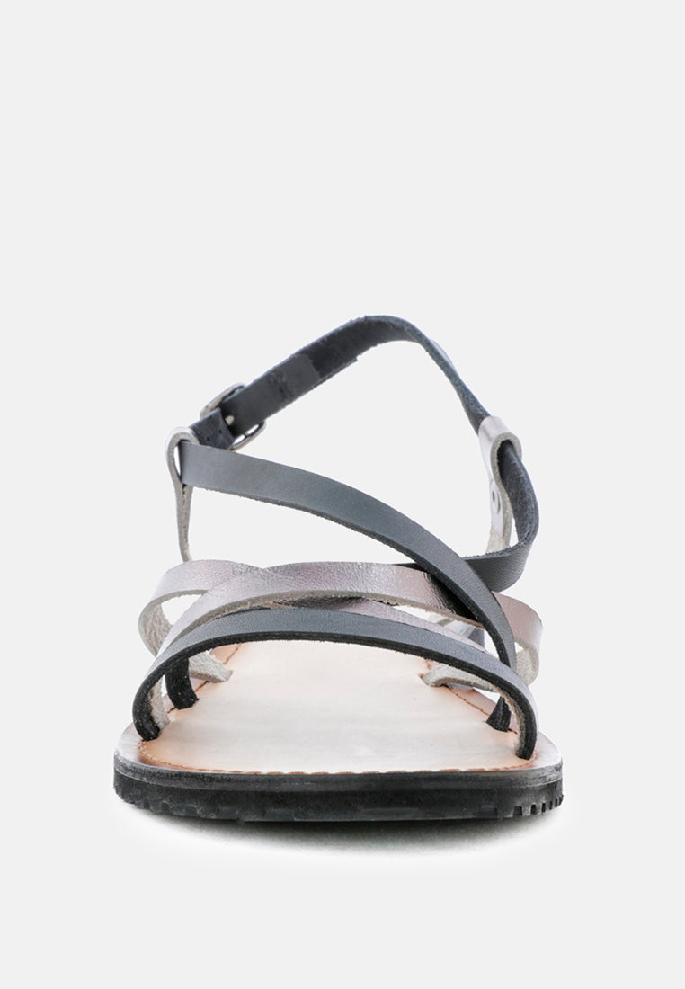 june strappy flat leather sandals by ruw#color_black-pewter