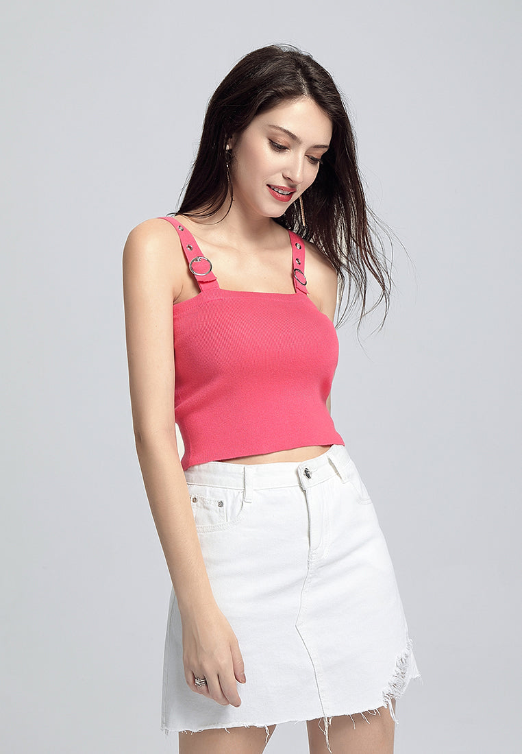 buckled knitted crop top#color_coral