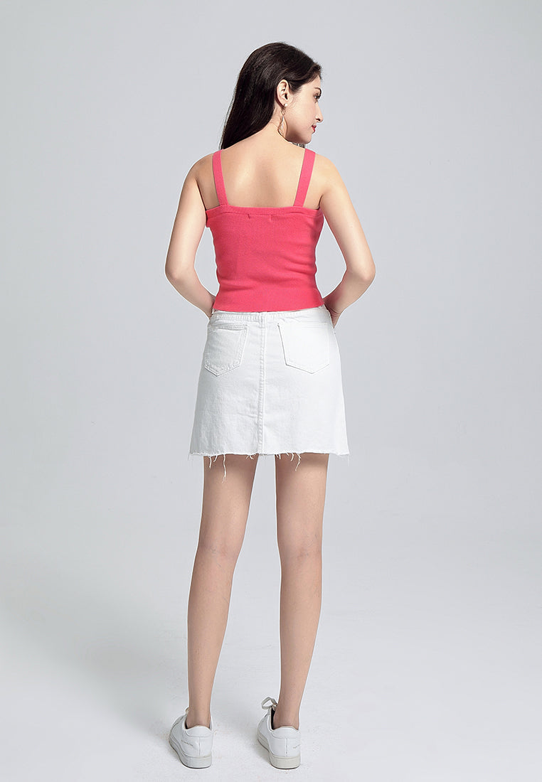 buckled knitted crop top#color_coral