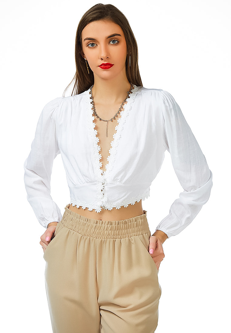 lace detail plunge blouse#color_white