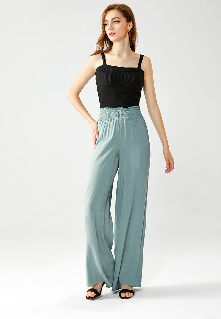 smocked wide waistband pants#color_green
