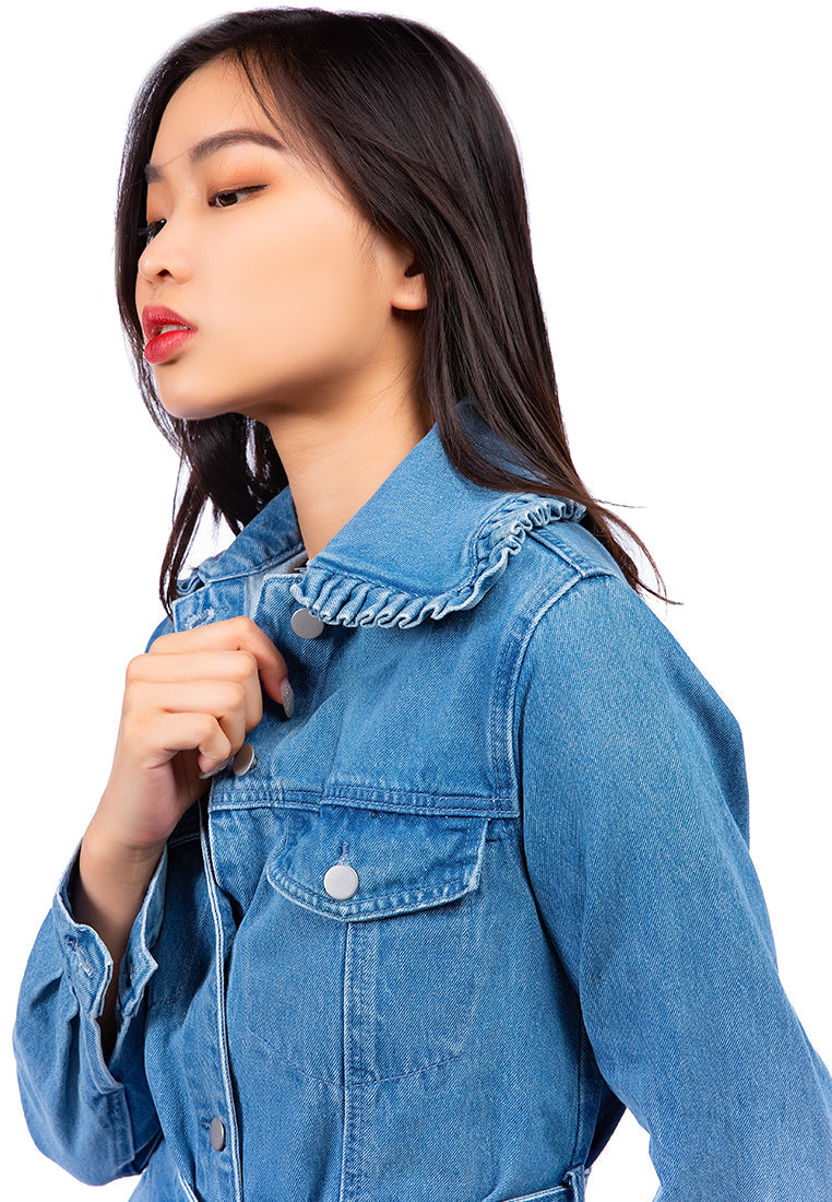 long sleeve denim belted jacket#color_mid-wash
