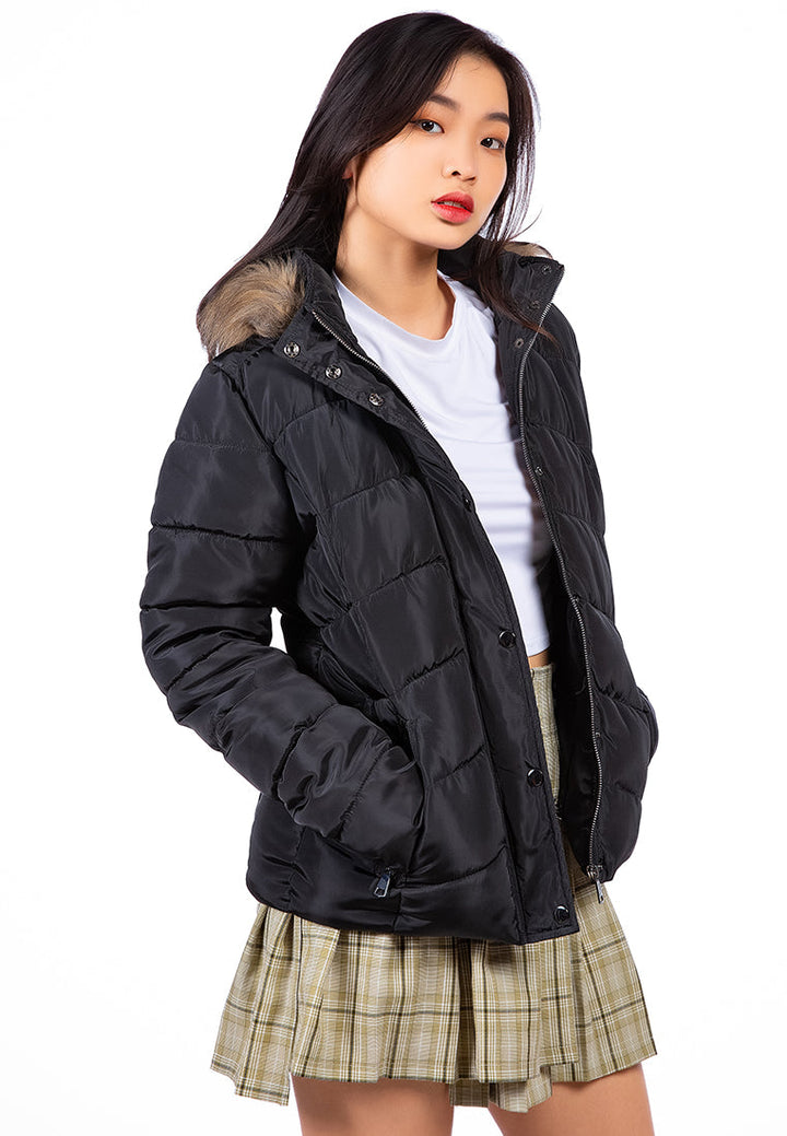 long sleeves puffer hoodie#color_black