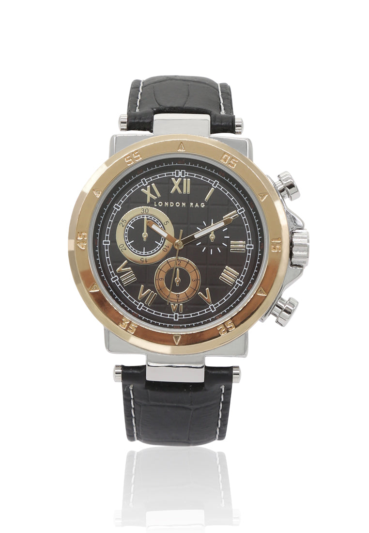 men's black analogue watch for men with croco pu leather strap#color_black
