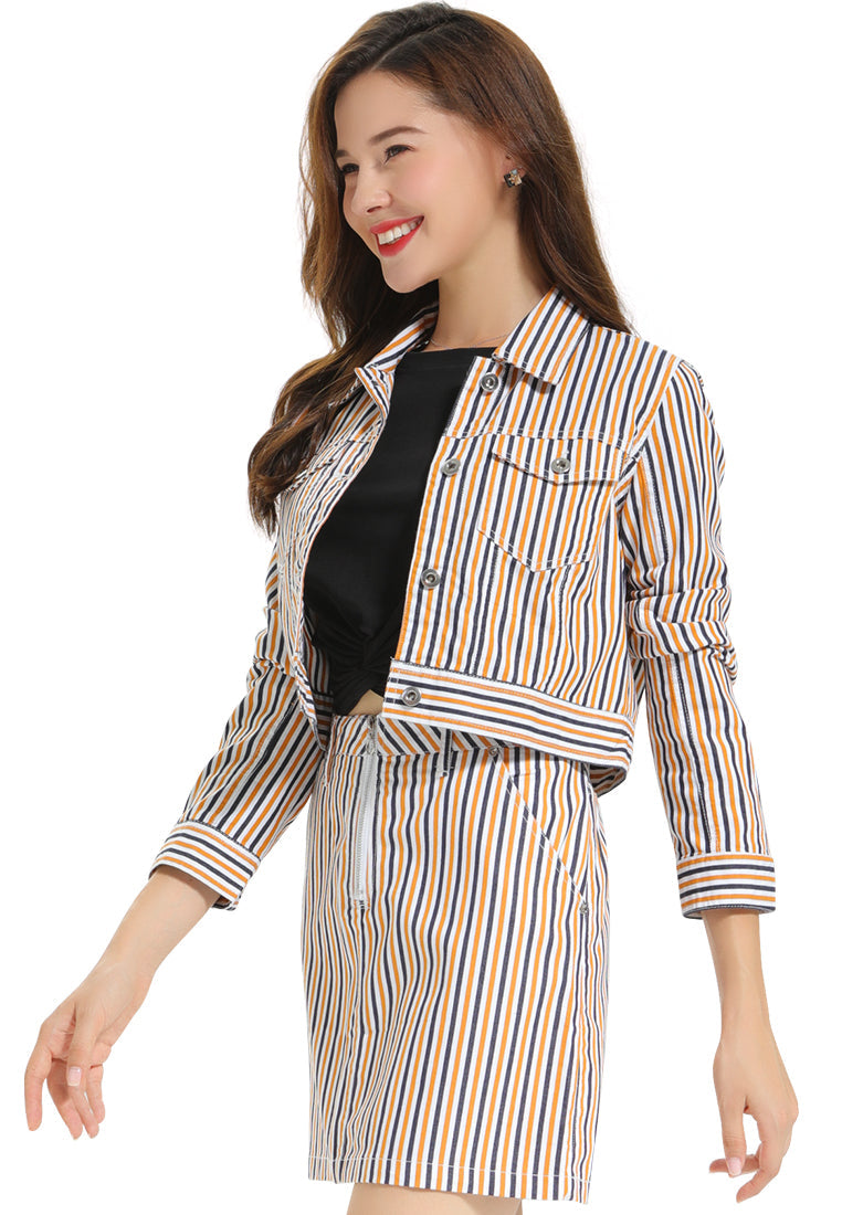 striped jacket and skirt co-ord set#color_mustard