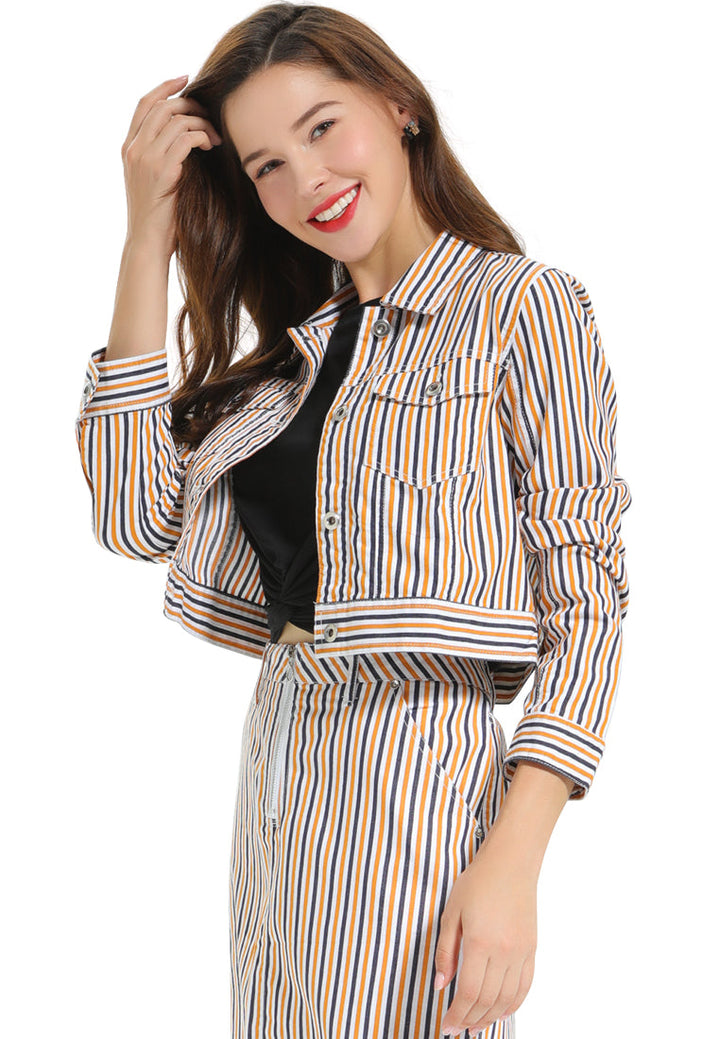 striped jacket and skirt co-ord set#color_mustard