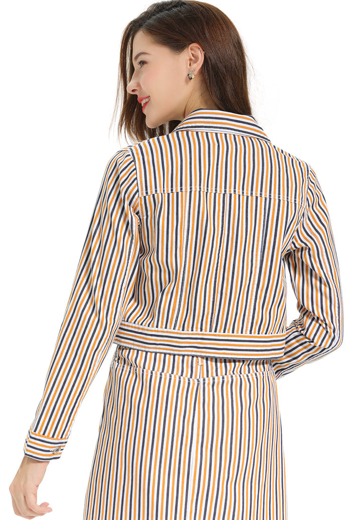striped jacket and skirt co-ord set#color_mustard