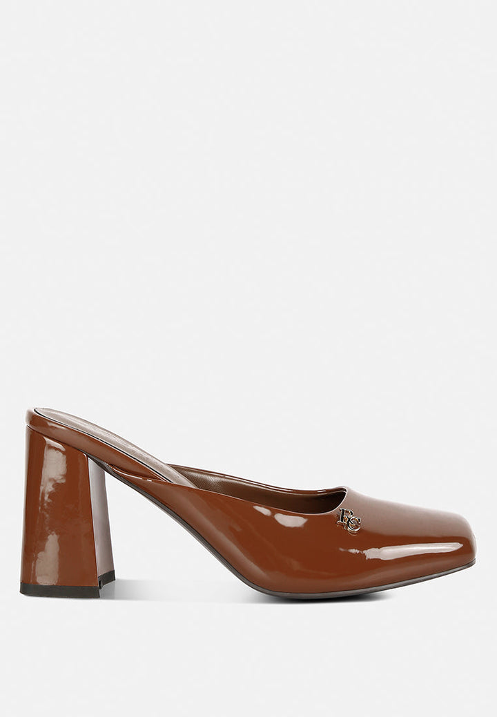 neoplast patent pu block heeled mules by ruw#color_brown