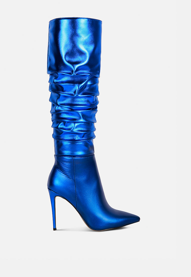 new expression metallic ruched stiletto calf boots by ruw#color_blue