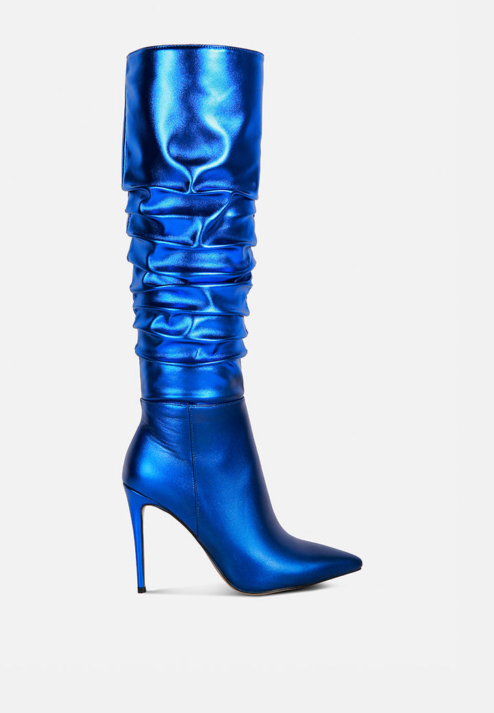 new expression metallic ruched stiletto calf boots by ruw#color_blue