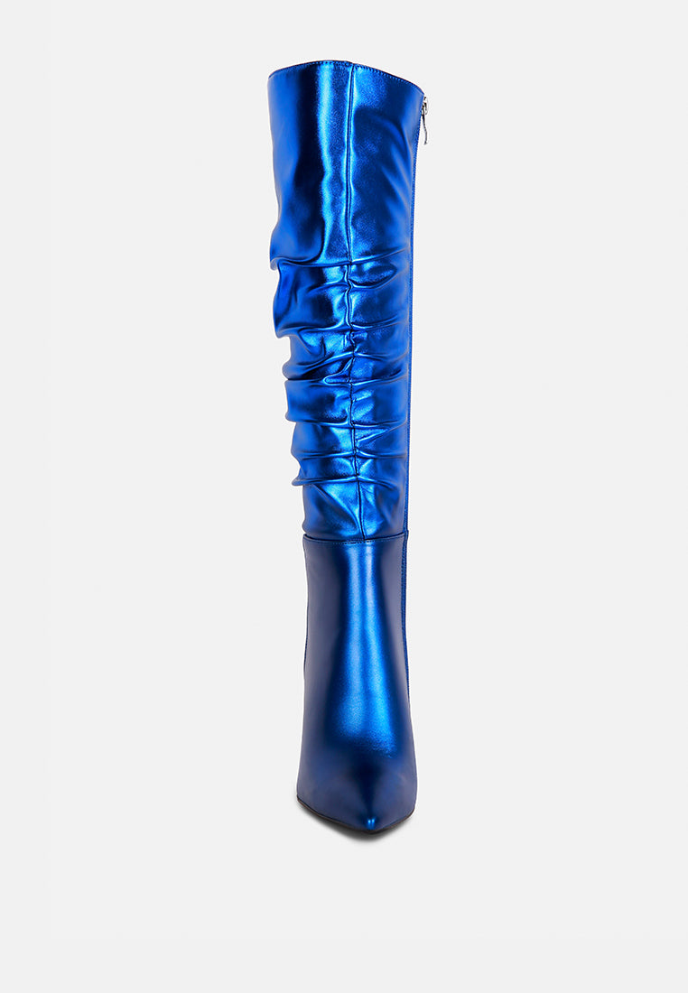 new expession metallic ruched stiletto calf boots#color_blue