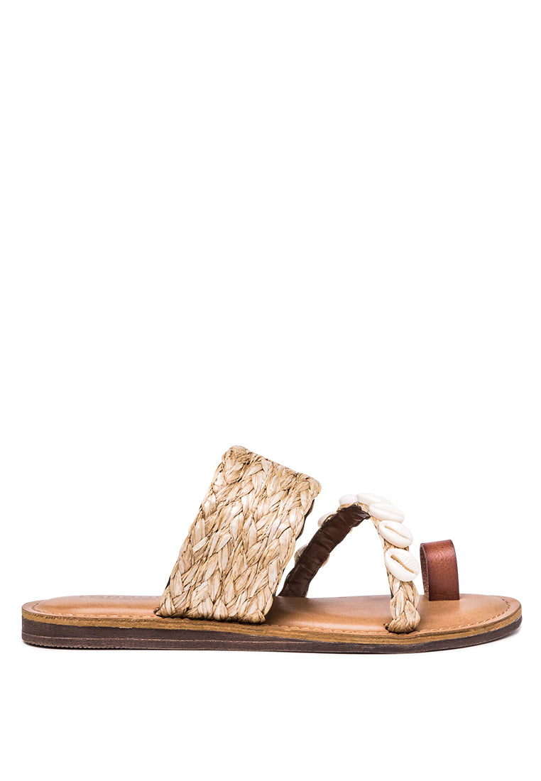 fusun braided slipon flat sandals with sea shell details#color_cognac-natural