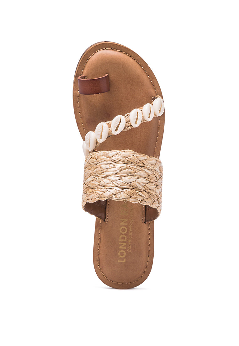 fusun braided slipon flat sandals with sea shell details#color_cognac-natural