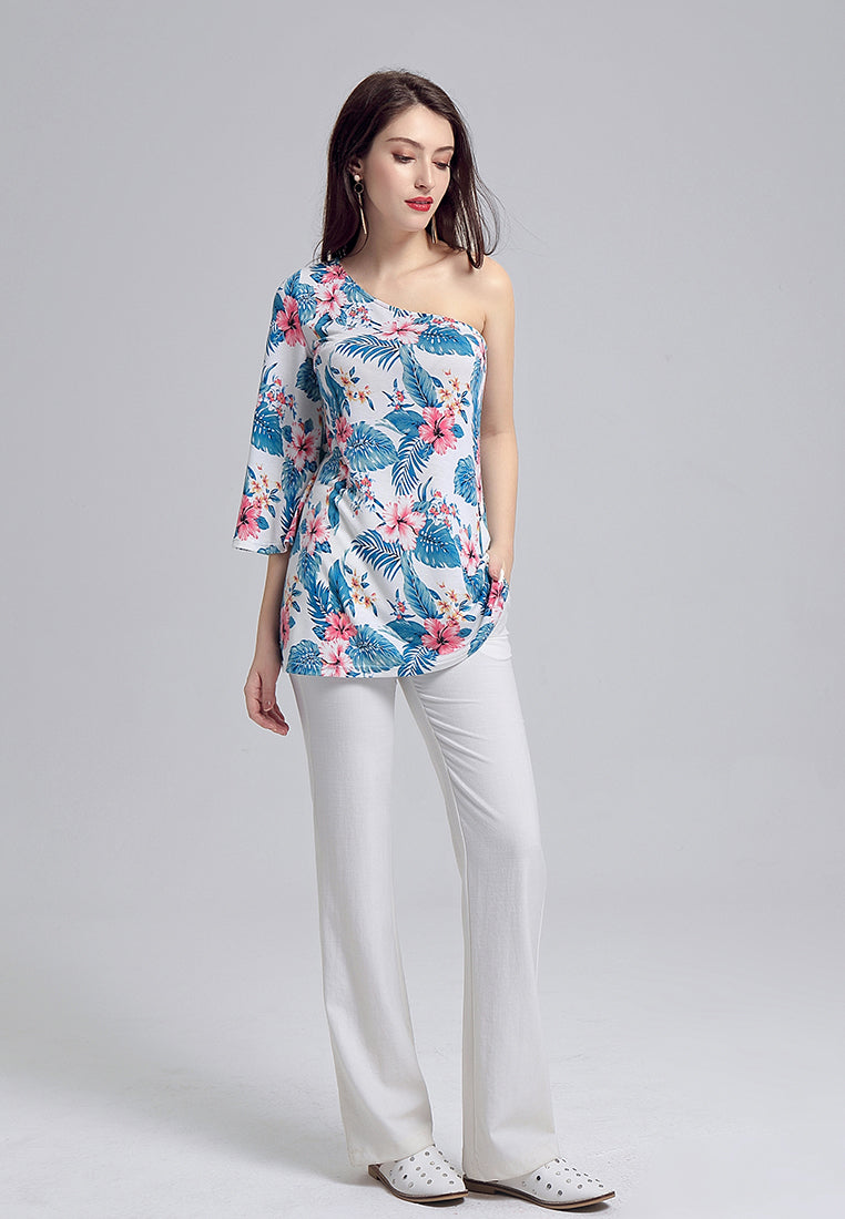 one shoulder tunic top#color_blue-leaf-print