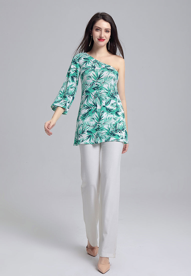 one shoulder tunic top#color_green-leaf-print