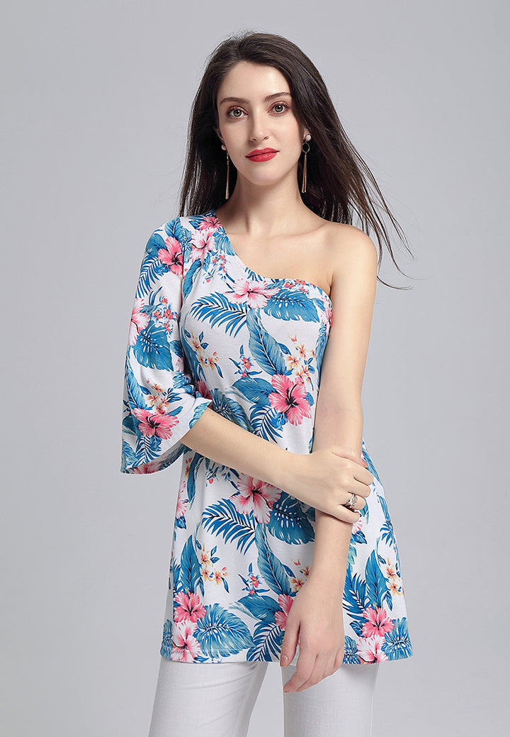 one shoulder tunic top#color_blue-leaf-print