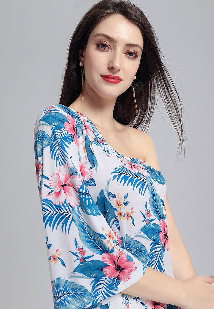 one shoulder tunic top#color_blue-leaf-print