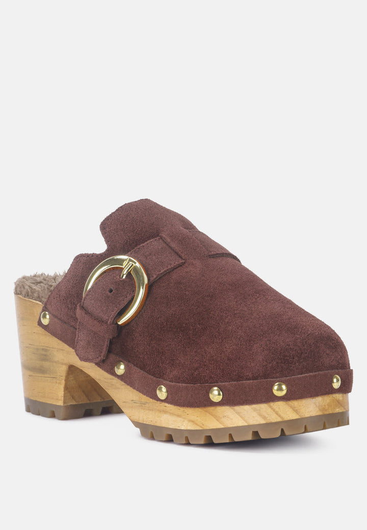 prunus buckled suede round toe mule clogs by ruw#color_brown