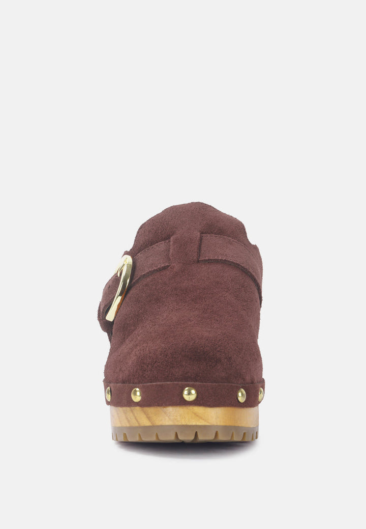 prunus buckled suede round toe mule clogs by ruw#color_brown