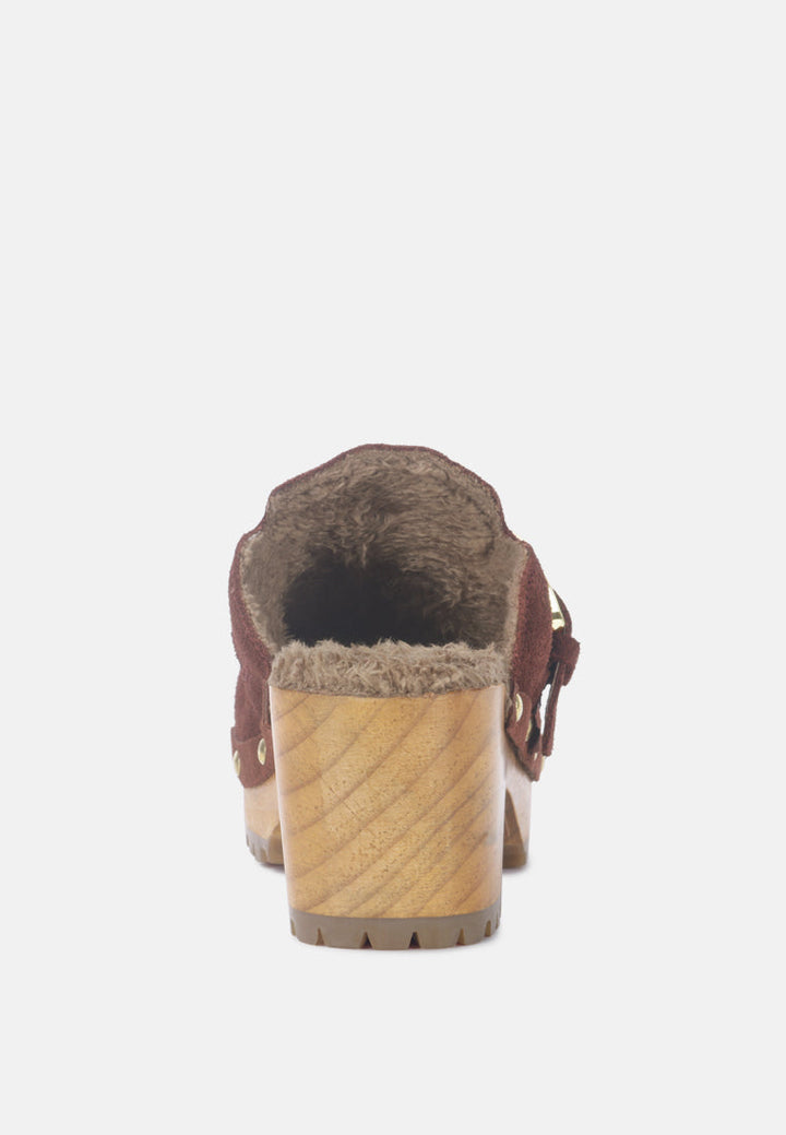 prunus buckled suede round toe mule clogs by ruw#color_brown