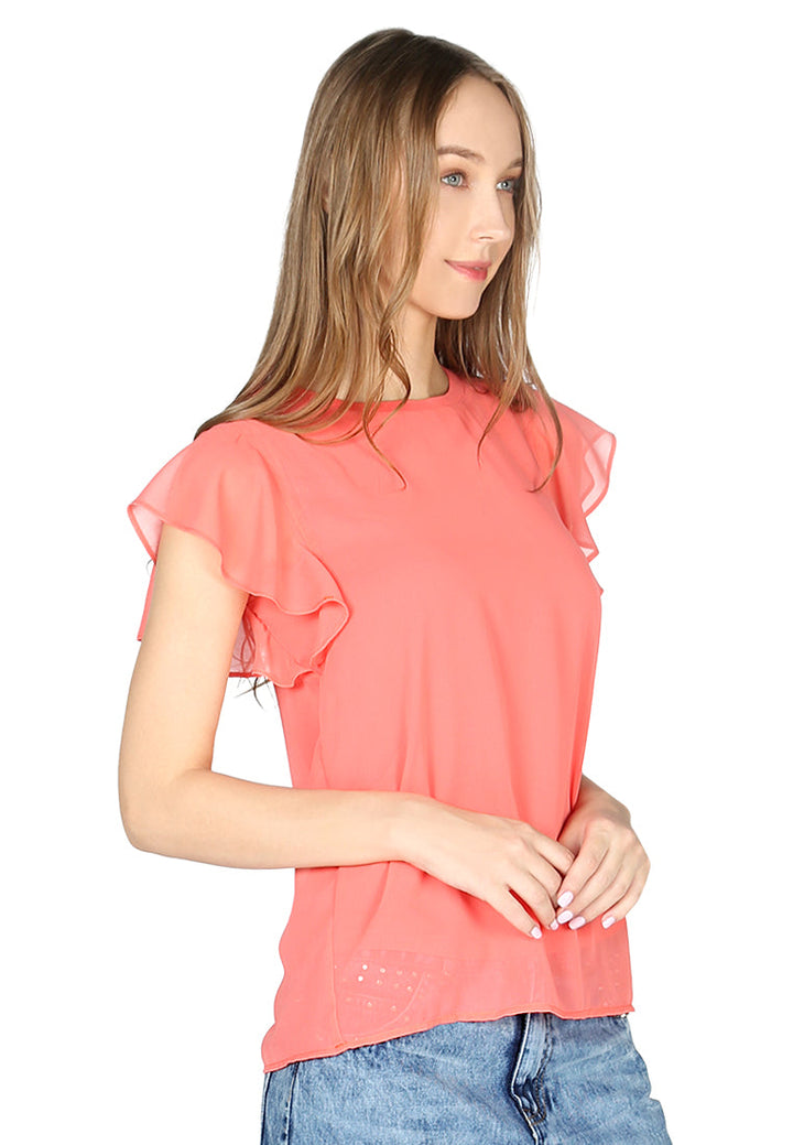 short flutter sleeve casual top#color_peach