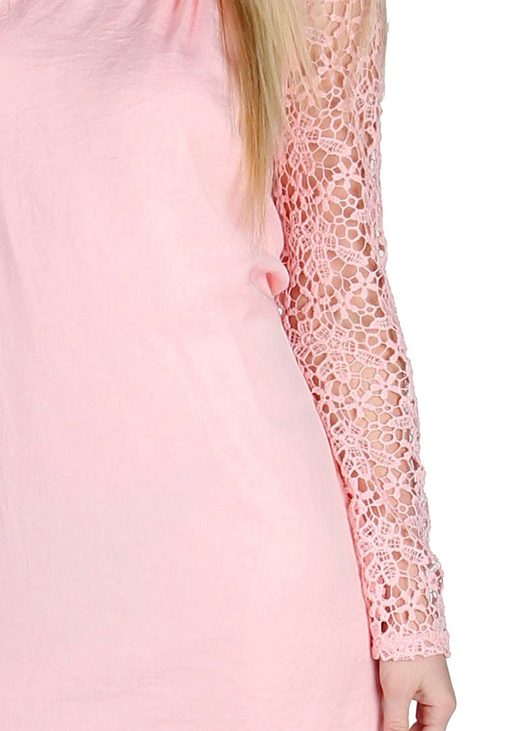 full sleeve casual loose lace mini dress#color_pink