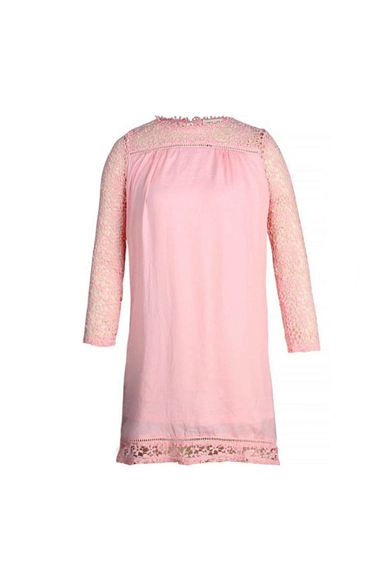 full sleeve casual loose lace mini dress#color_pink