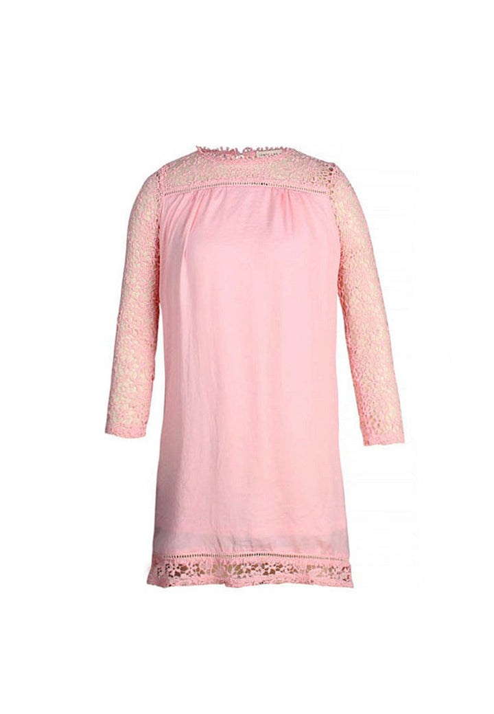 full sleeve casual loose lace mini dress#color_pink
