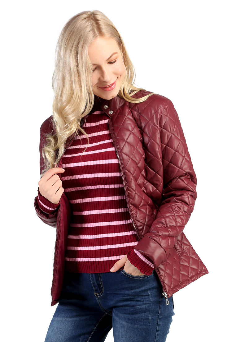 puffer jacket with zip closure#color_wine-red