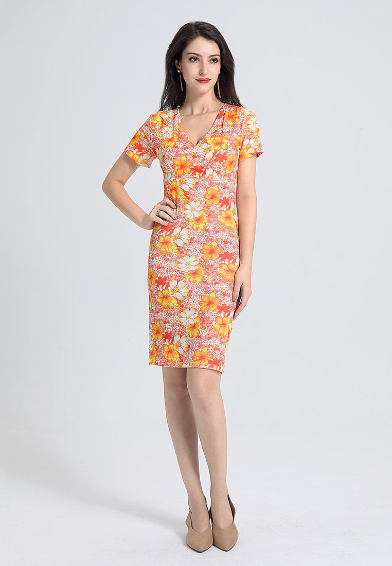 v-neck bodycon dress#color_orange-print